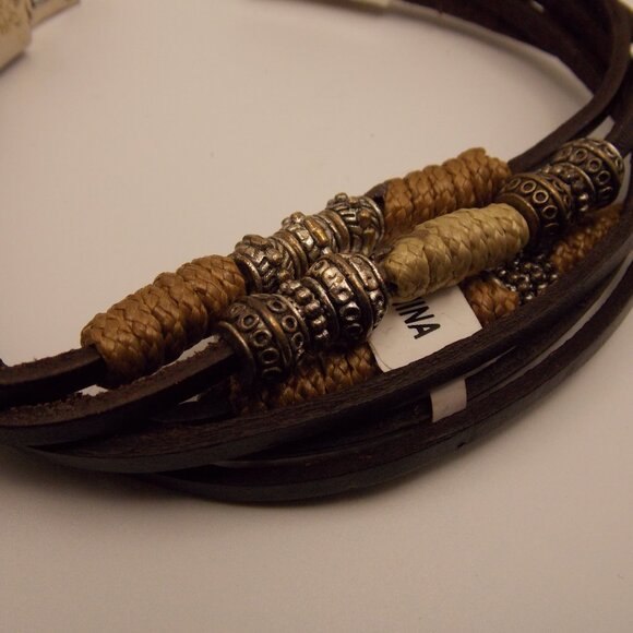 Leather and Silver Beaded 6 Strand Bracelet Magnet Clasp Heart Charm Boho Hippie - Picture 3 of 11